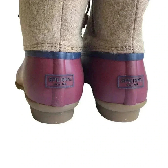 Sperry Saltwater Wool Women 8.5 Rain Duck Boots Tan Burgundy Lace Up Fall Winter - Picture 6 of 8